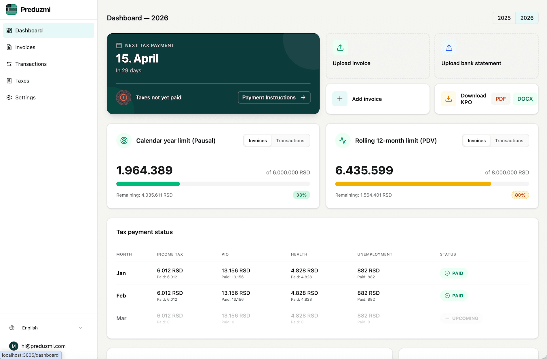Preduzmi dashboard showing tax payments, revenue limits, and KPO book generation