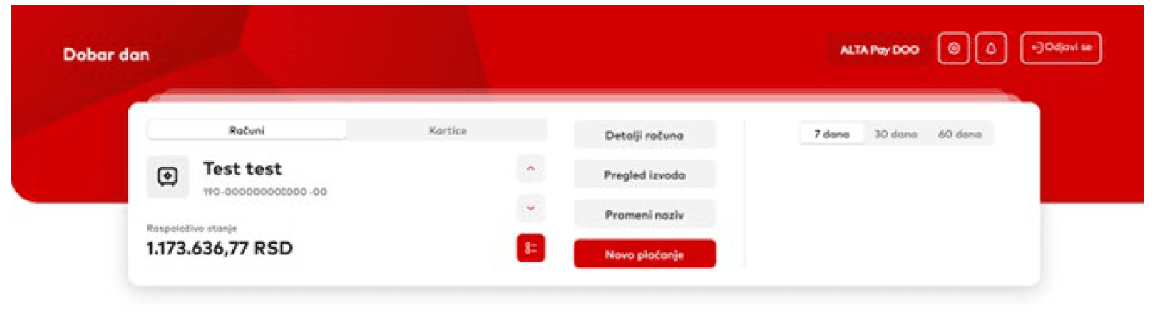 ALTA eBiz home screen with the Računi (Accounts) card and the selected dinar account
