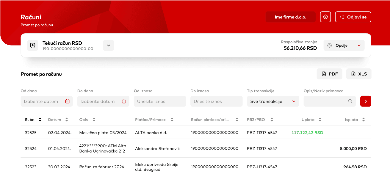 Alta Banka Promet po računu screen: Od dana / Do dana filters, transaction table, and the PDF / XLS download buttons in the top-right corner