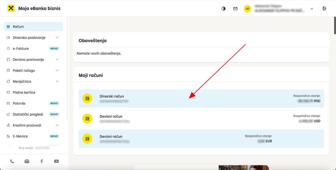 Raiffeisen Moja eBanka biznis — clicking on Dinarski račun in the accounts list