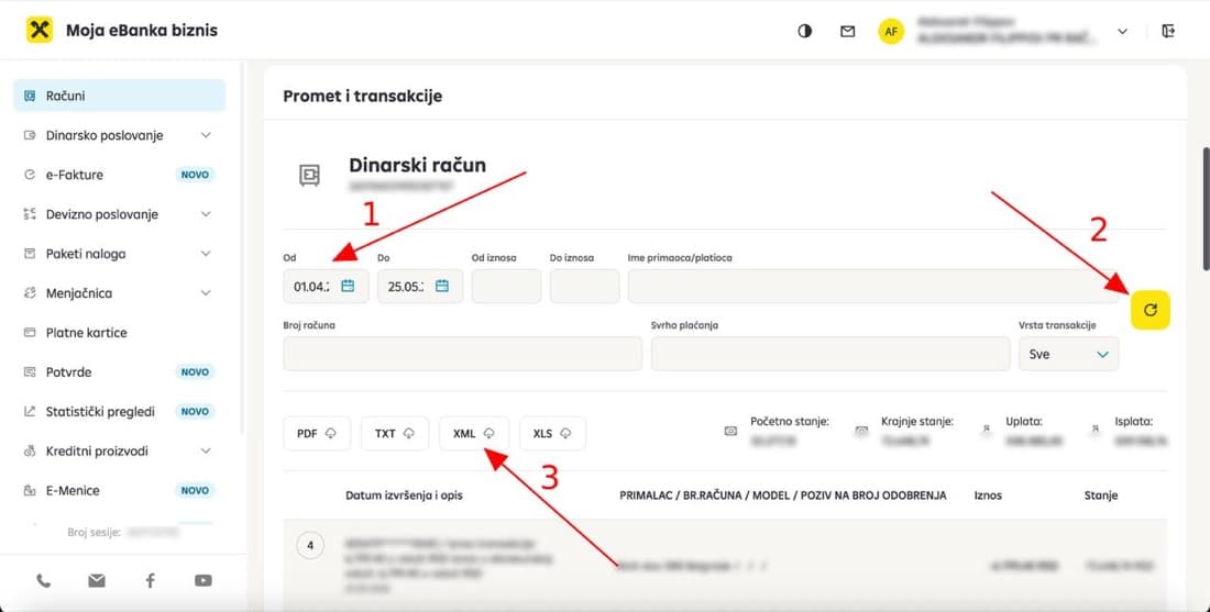 Raiffeisen Moja eBanka biznis — three steps: 1) set Od/Do dates, 2) click refresh, 3) click XML